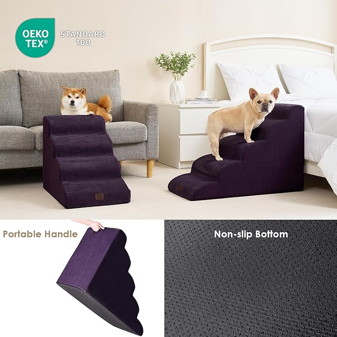 EHEYCIGA Curved Dog Stairs for High Beds 22.6" H, 5-Step Dog Steps for Small Dogs and Cats, Pet Stairs for High Bed Climbing, Non-Slip Balanced Pet Step Indoor, Purple