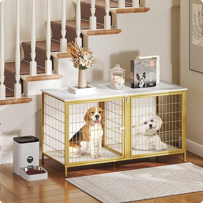 Dog Crate Furniture for 2 Dogs, 43.3" Dog Kennel with Removable Divider, Heavy Duty Wooden Dog Kennel for Small Medium Dog, Indoor Dog Cage End Table with Double Doors, White DCJW1201