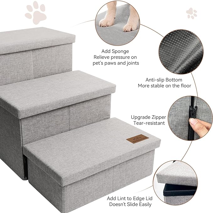 Dog Stairs, Dog Steps for High Beds 17.1" H, Folding Pet Stairs for Small Medium or Large Dogs Puppy with Storage for Bed and Couch, Cat Ramp for Car Hold Up to 200 lbs (Smok Gray, 3 Steps no Condo)