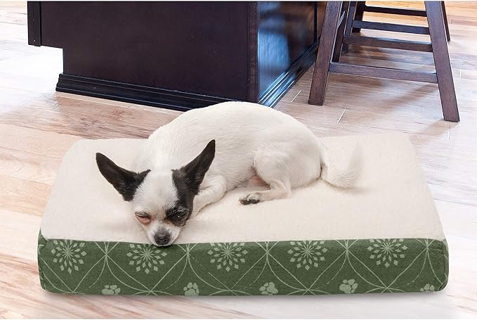 Furhaven Memory Foam Dog Bed for Small Dogs w/ Removable Washable Cover, For Dogs Up to 20 lbs - Sherpa & Flannel Paw Print Deluxe Mattress - Jade Green, Small