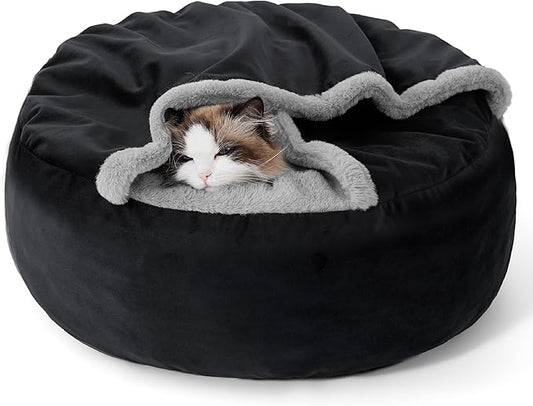Lesure Cat Bed with Cover Cave - Covered Round Kitten Bed with Hooded Blanket, Machine Washable Burrow Pet Bed for Indoor Cats, Extra Small Cozy Cave Puppy Bed with Anti-Slip Bottom, Black 20"