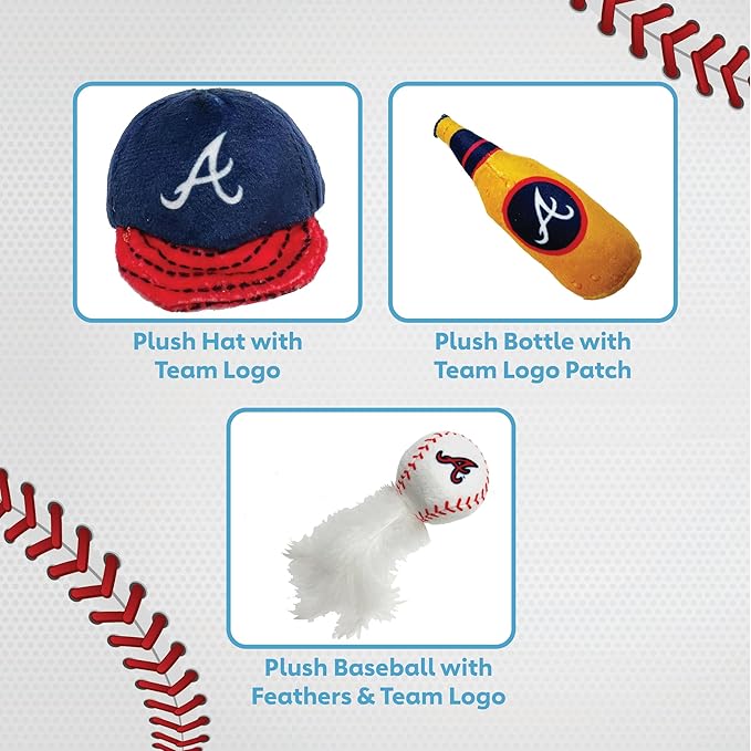 BEST PLUSH CAT TOY - MLB ATLANTA BRAVES Complete Set of 3 piece Cat Toys filed with Fresh Catnip. Incld: 1 Baseball Cap Cat Toy, 1 Baseball Cat Toy with Feathers, & 1 Beer Bottle. Beautiful Team LOGOS