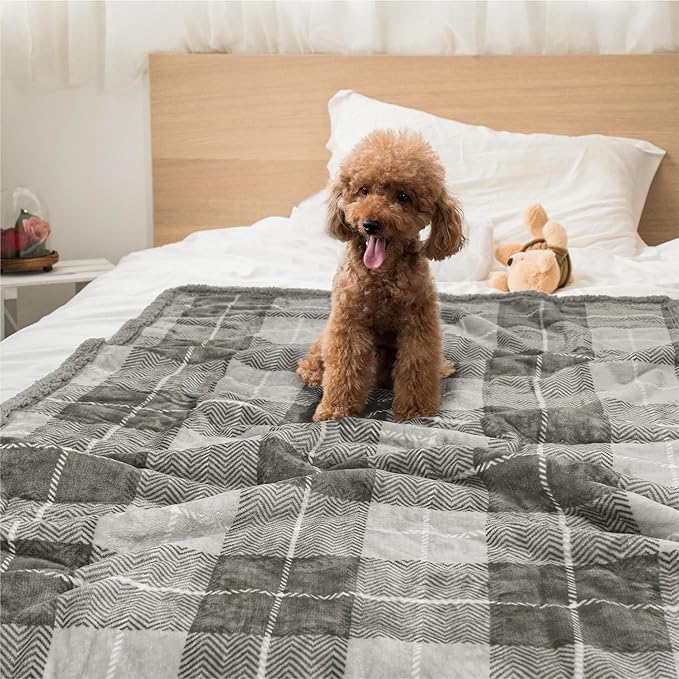 PetAmi WATERPROOF Dog Blanket for Bed, XL Dog Pet Blanket Couch Cover Protection, Sherpa Fleece Leakproof Bed Blanket for Crate Kennel Sofa Furniture Protector, Reversible Soft 80x60 Plaid Light Gray