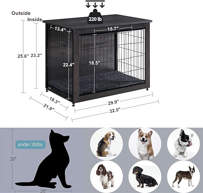 DWANTON Dog Crate Furniture with Cushion, Medium Wooden Dog Crate with Double Doors, Dog Furniture, Indoor Dog Kennel, End Table, Medium, 32.5" L, Dark Grey