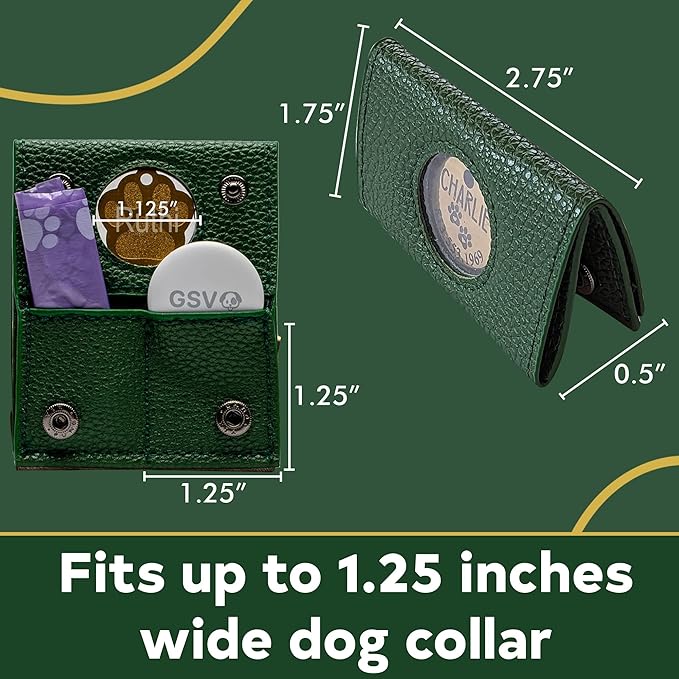 Dog Collar ID Holder - Dog Tag Silencer - No Noise Dog Tag Pouch for Dog Collar - Dog ID Tag Protector - Pockets for Dog accessories, Rabies Tags, Poop bags - Slide on Dog ID - Pet tag (Green)