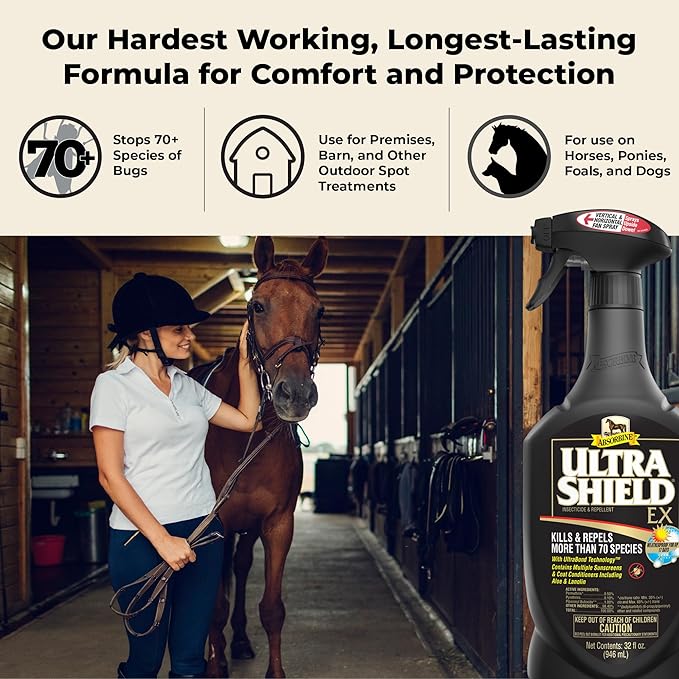 Absorbine UltraShield EX 32oz Sprayer Insecticide, Kills & Repels Flies, Mosquitoes, Ticks, Fleas, Lice, Use on Horses, Dogs, Premises