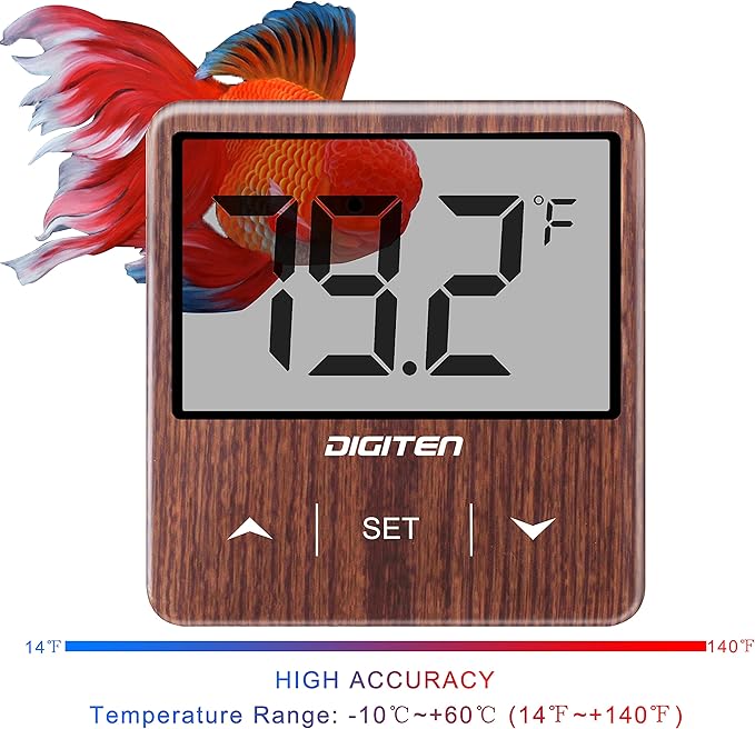 Digital Aquarium Thermometer, Fish Tank Thermometer with Large LCD Display, Stick-on Tank Temp Sensor Ensures Accurate Reading, No Wires C/F Switch Aquarium Thermometer, Walnut Aquarium Thermometer