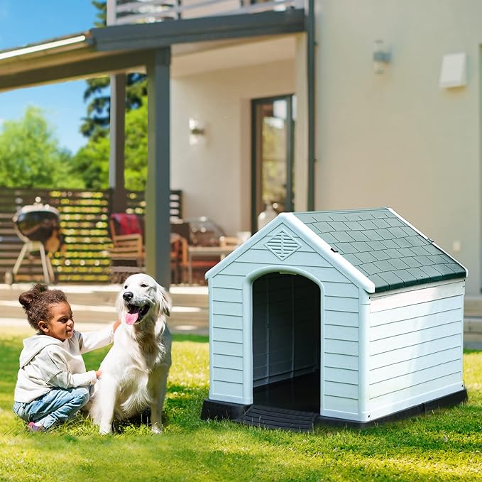 DWVO Large Outdoor Dog House, Plastic Doghouse with Air Vents and Ground Nails, Insulated Water Resistant Puppy Shelter for Small Medium Dogs (34.5''L x 31''W x 32''H, Gray)