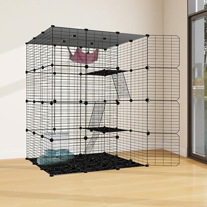 4-Tier Large Cat Cages Indoor, DIY Cat Enclosure, Cat Playpen Catio Detachable Metal Wire Kennels Pet Crate Large Exercise Place Ideal for 1-4 Cat