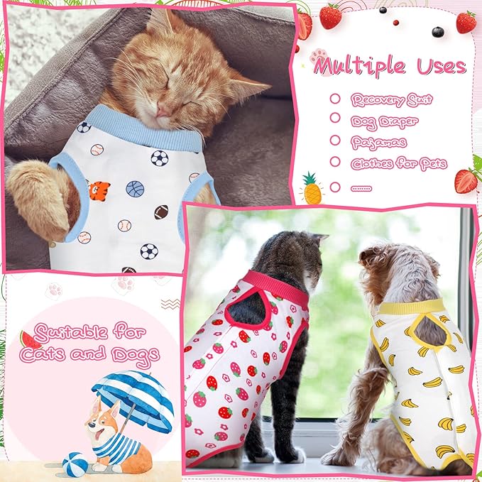 3 Pieces Cat Recovery Suit Kitten Recovery Suit E-Collar Alternative for Cats and Dogs Abdominal Skin Anti Licking Pajama Suit (Strawberry Pattern, Small)