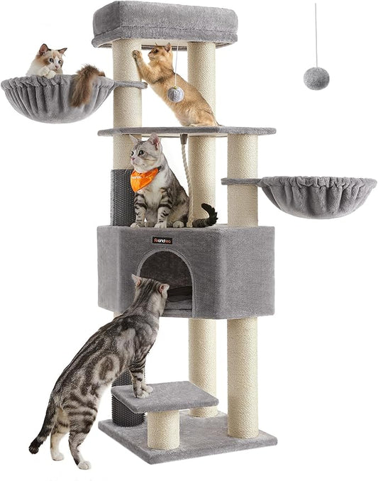 Feandrea Cat Tree for Large Cats, 63-Inch Heavy-Duty Cat Tower with Self-Warming Pads, 2 Self-Groomers, 9 Scratching Posts, Large Perch, Cave, and Baskets, Dove Gray and Cream White UPCT003N01