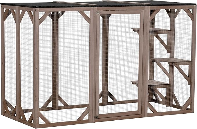 71 Inch Wooden Catio Outdoor Cat Enclosure, Kitty-House with Jumping Platforms & Weatherproof Asphalt Roof, Walk-in Kitty Kennel Condo Shelter