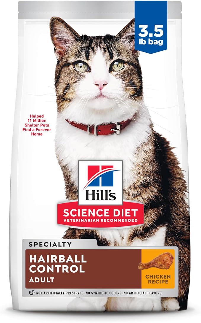 Hill's Science Diet Hairball Control, Adult 1-6, Hairball Control Support, Dry Cat Food, Chicken Recipe, 3.5 lb Bag