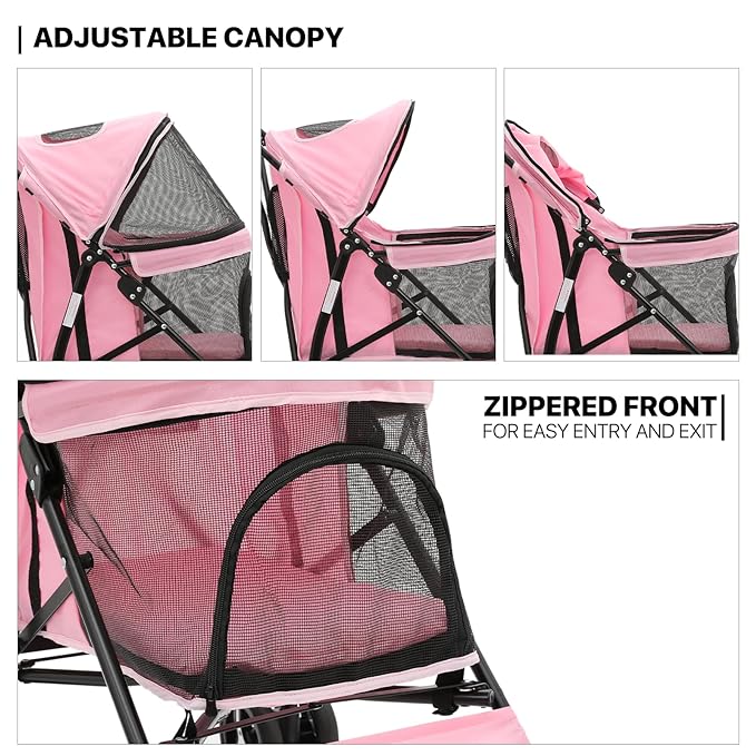 MoNiBloom 4 Wheels Pet Stroller, Easy-Fold Puppy Cage Jogger Stroller with Sun Cover, Pad and Rear Storage Bag, Breathable and Visible Mesh for Small/Medium Pets up to 22 lbs, Pink