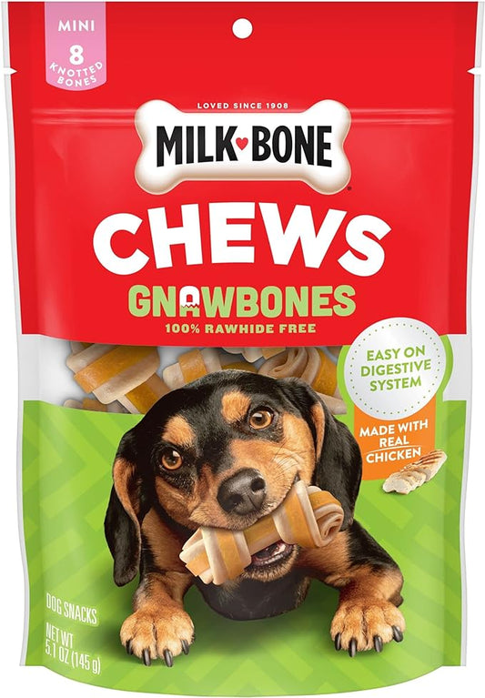 Milk-Bone Chews GnawBones Rawhide Free Dog Treats, Chicken, 8 Long Lasting Mini Knotted Bones (Pack of 4)