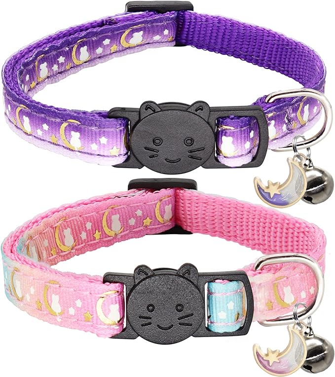 2 Pack Breakaway Cat Collar with Bells,Adjustable Moon and Star Kitten Safety Collars for Boys & Girls,Purple+Pink