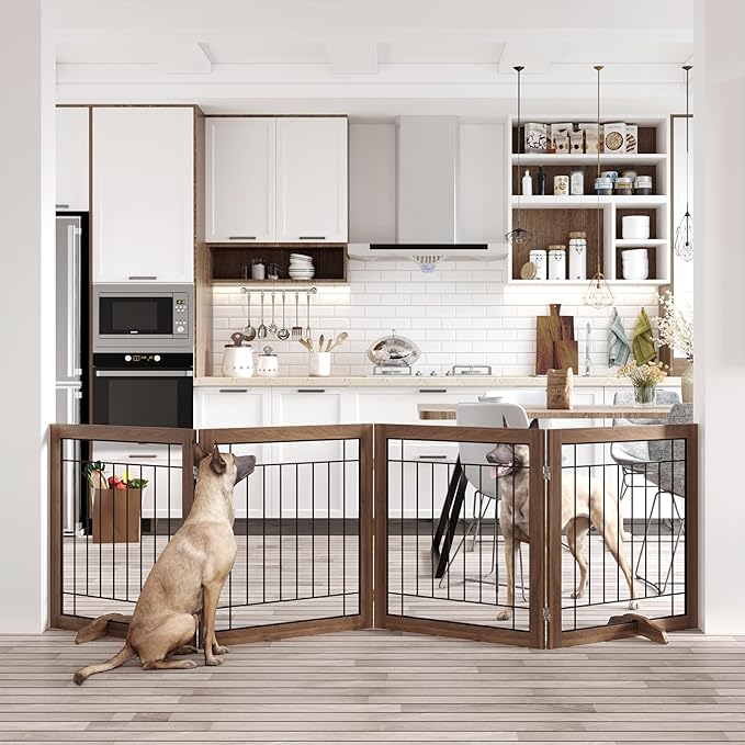 Folding No-Assembly Pet Gate 96" Wide, 30" Tall Wooden Dog Gate, Freestanding Wire Pet Gate, Pet Puppy Safety Fence, with 2PCS Support - Brown