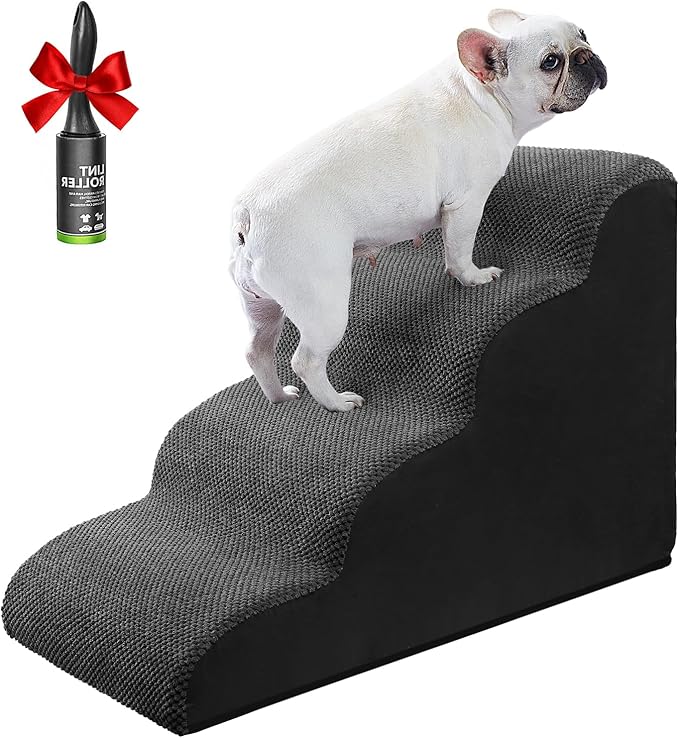 Ryoizen Dog Stairs Ramps to High Beds and Couch Up to 24'', Dog Step for Small Large Dog with High-Density Foam, 4-Step Pet Stairs with Non-Slip Bottom for Puppy and Cat, Gifts Lint Roller for Dogs