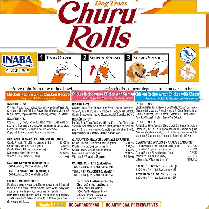 INABA Churu Rolls for Dogs, Grain-Free, Soft/Chewy Baked Chicken Wrapped Churu Filled Dog Treats, 0.42 Ounces Each Stick (8 Sticks per Pack), 3 Flavor Variety Pack (48 Sticks)