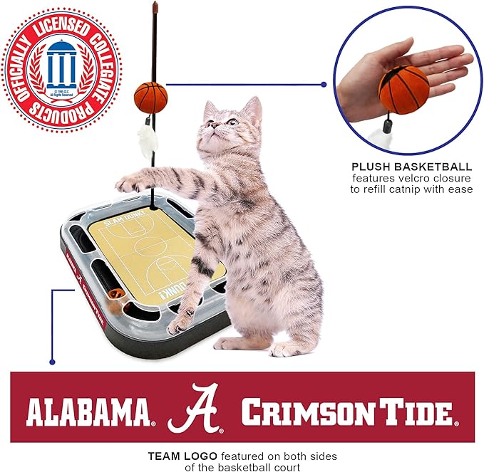 Cat Scratch Toy NCAA ALABAMA Crimson Tide REVERSIBLE Basketball Court Felt/Cardboard Cat Scratcher. Interactive Cat Ball Bell in Tracks. 6-in-1 CAT TOY. Cat Wand Poll, CATNIP-FILLED Plush Basketball