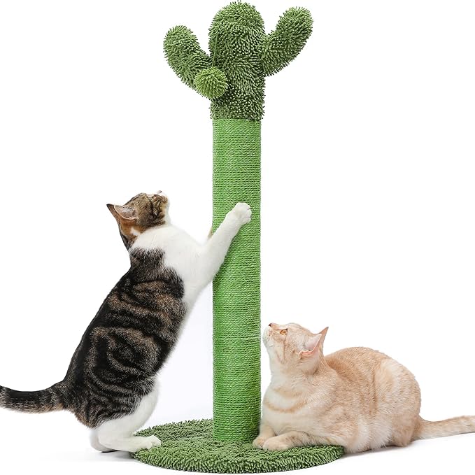 Made4Pets 34" Tall Cat Scratching Post, Cactus Cat Scratcher Kitten Scratching Posts for Indoor Cats Adults Claw Scratch with Sisal Rope, Vertical Green Cat Tree with Dangling Ball for Kitties Large