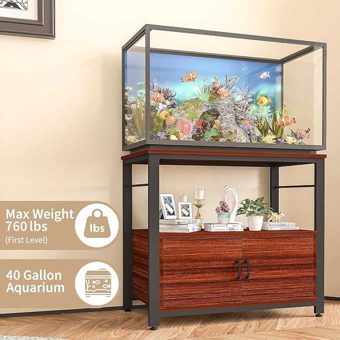 Fish Tank Stand Metal Aquarium Stand with Cabinet Accessories Storage 40-50 Gallon, Double Layer Metal with Storage Weight Capacity 760lbs, Black Teakwood Brown