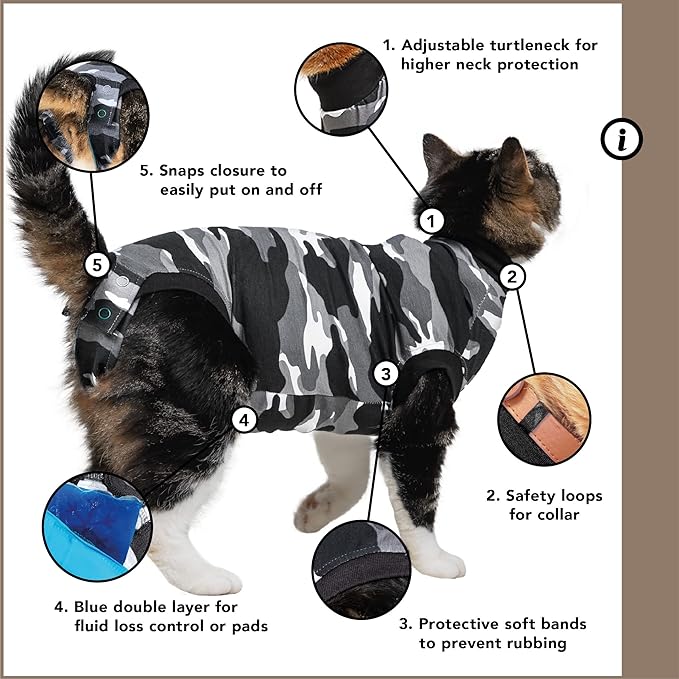 Suitical Recovery Suit for Cats | Spay and Neutering Cat Surgery Recovery Suit for Male or Female | Soft Fabric for Skin Conditions | S | Neck to Tail 16.9” - 20.1" | Black Camouflage