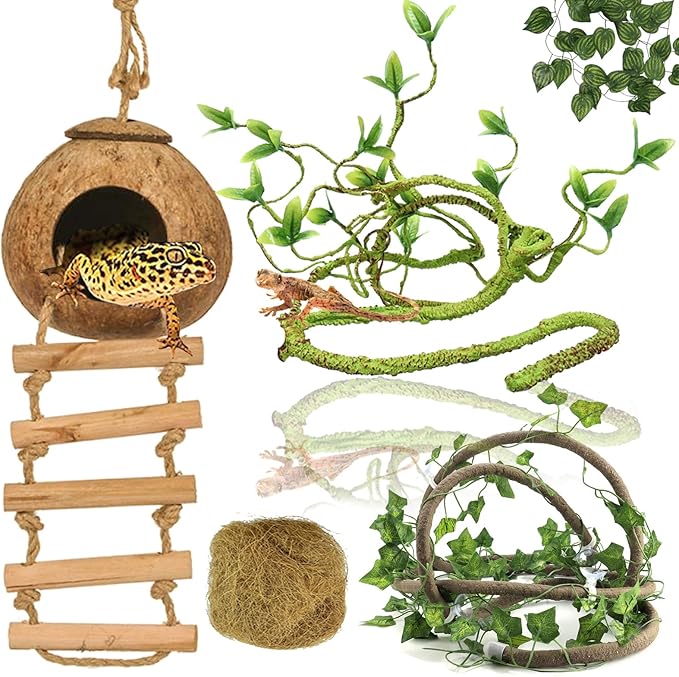 Crested Gecko Tank Accessories, Reptile Vines and Plants Coco Hut Coconut Shell with Ladder Hideout Cave Habitat Decor for Climbing Lizard Leopard Gecko Tortoise Amphibians Hermit Crab