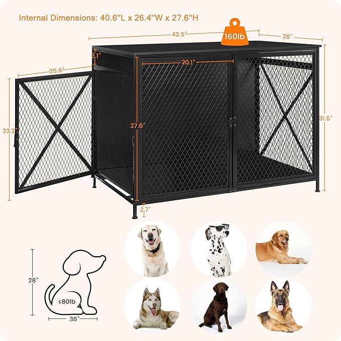 DWANTON Dog Crate Furniture, 42.5" L Three-Door Wooden Dog Kennel Indoor, Connectable expansion, Wooden Dog Crate Table for Small/Medium/Large Dog, Dog House, Dog Cage Large, Black