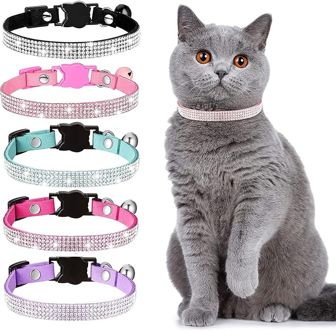 Cat Collars,Rhinestone for Girl Cats Bling Kitten Flower Adjustable Breakaway Collar with Bell Soft Velvet Leather Collar for Puppy Small Dogs (Red)