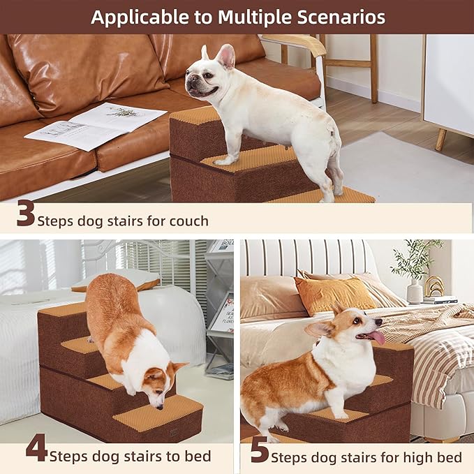 Dog Stairs for Small Dogs - Foam Pet Steps for High Beds and Couch, Non-Slip Folding Dog Steps Portable Pet Stairs for Large Dog and Cats,4 Step, Brown