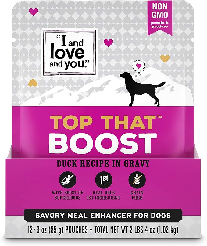 "I and love and you" Top That Boost Wet Dog Food Pouch, Duck Recipe In Gravy, 3 oz (Pack of 12)