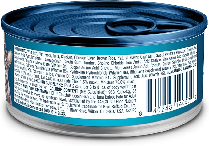 Blue Buffalo Tastefuls Wet Cat Food Paté, Made with Natural Ingredients | Ocean Fish and Tuna Entrée, 3-oz. Cans (24 Count)