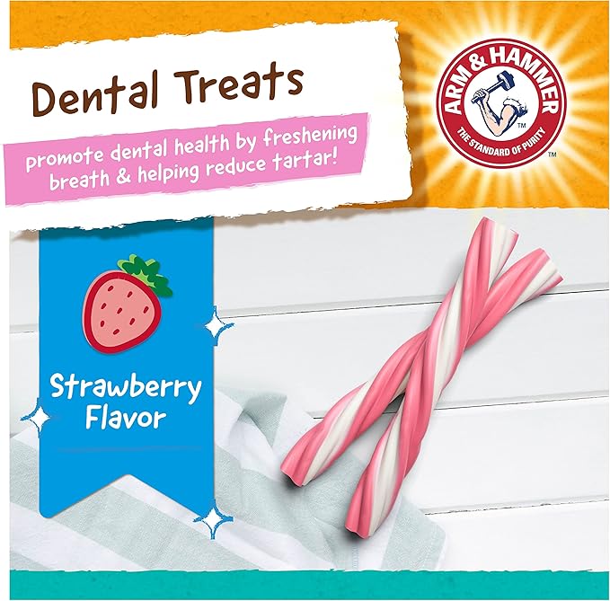 Arm & Hammer Fruit Twisters Fresh Breath Dental Treats for Dogs in Fruity Strawberry Flavor Baking Soda Dog Treats for Dental Health (Pack of 6, 342 Count Total)