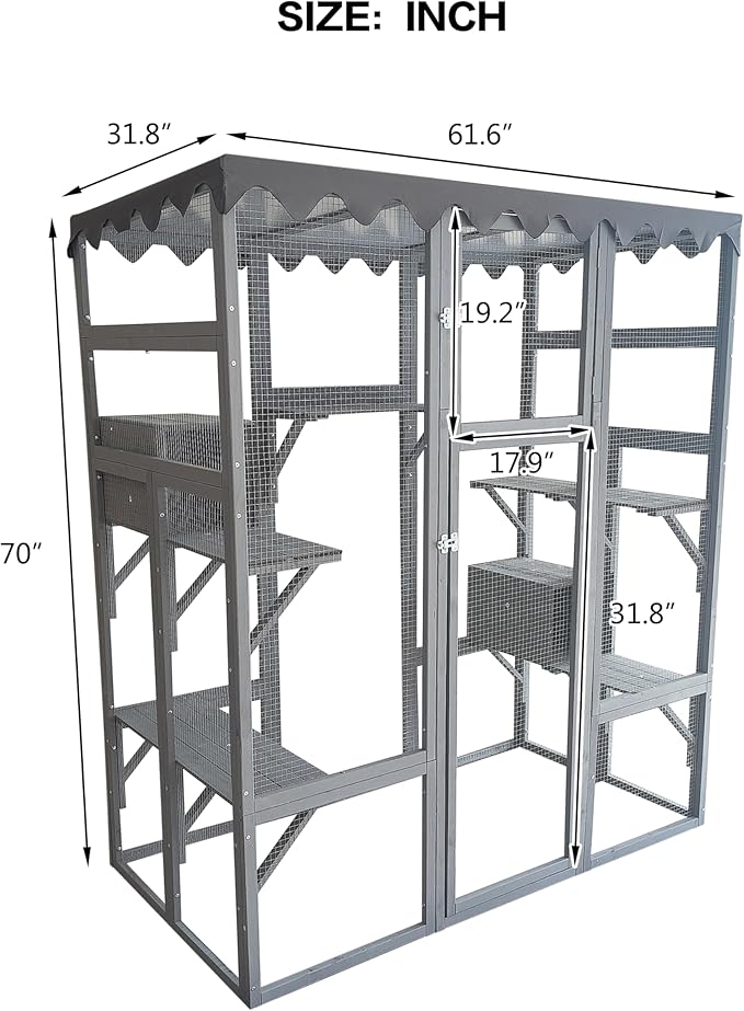 70 Inch Large Wooden Catio Outdoor & Indoor Cat Enclosure, Luxury Pet-House with Resting Box & 6 Jumping Platforms, Kitty Condo Shelter for Play, Weather Protection Asphalt Roof