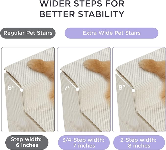 Lesure Dog Stairs for High Beds, Extra Wide Pet Stairs, 3-Steps Dog Steps for Medium/Small Dogs and Old Cats, Foldable Dog Steps with CertiPUR-US Certified Foam and Non-Slip Bottom, Beige