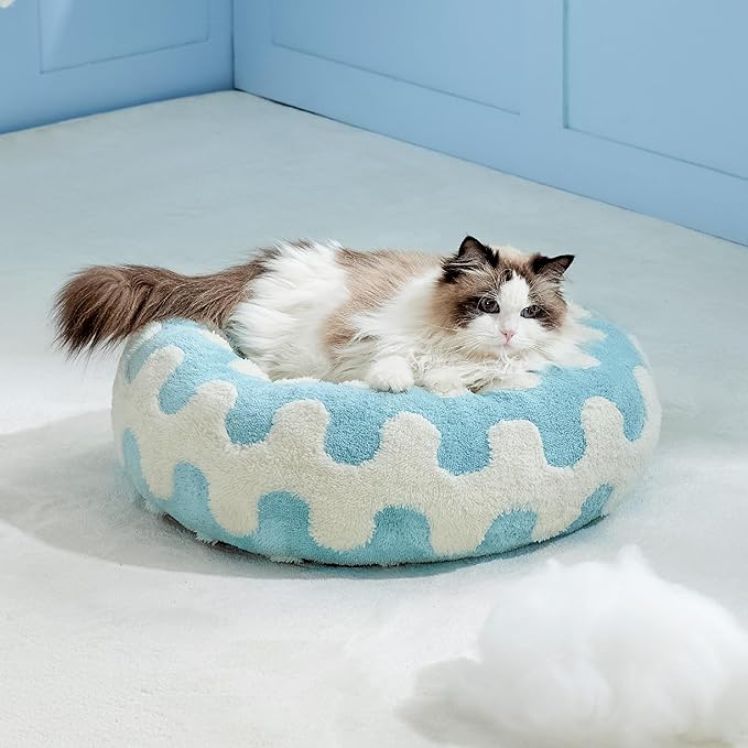 Lesure Donut Small Dog Bed - Round Cat Beds for Indoor Cats Anti-Anxiety Calming Pet Beds, Washable Cute Modern Beds with Teddy Sherpa Plush & Anti Slip Bottom Light Blue