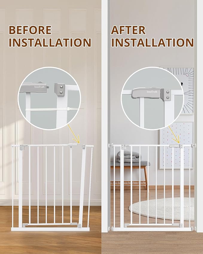 InnoTruth Baby Gate for Stairs 28.9-42.1" Wide, 30" Tall Easy Step Walk Through Expandable Dual Lock Dog Gates for The House, Metal Pressure Mounted Easy Install Pet Gate for Dogs, White