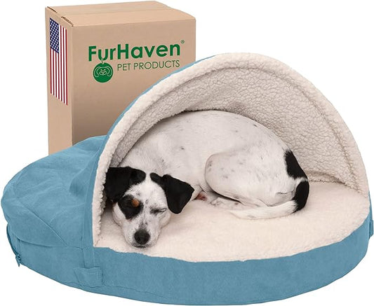 Furhaven 26" Round Orthopedic Dog Bed for Medium/Small Dogs w/ Removable Washable Cover, For Dogs Up to 30 lbs - Sherpa & Suede Snuggery - Blue, 26-inch