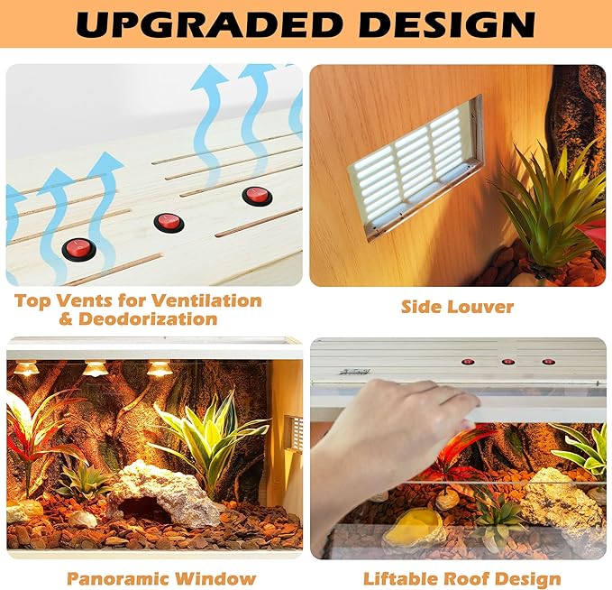Reptile Terrarium, Lizard Tank Up to 68 Gallons, Bearded Dragon Tank with Roof Door, Snake Tank with Built-in Lamp Fixture and Switch (35 Gallon, 40" Long, Openable Wood Roof)