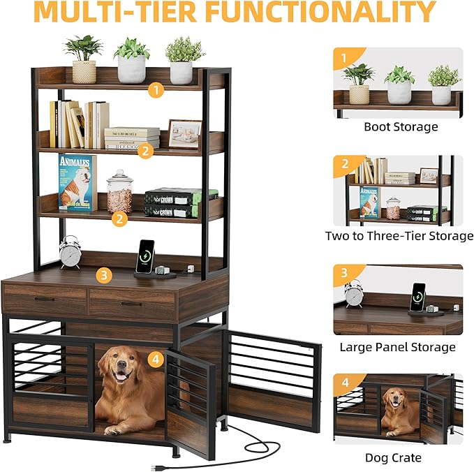 DWVO Dog Crate Furniture with Storage Shelves, Heavy Duty Dog Crate with Drawers & Charging Station, 39 Inch Dog Kennel Indoor Furniture for Large Dogs, Modern Dog Crate with Double Doors, Brown