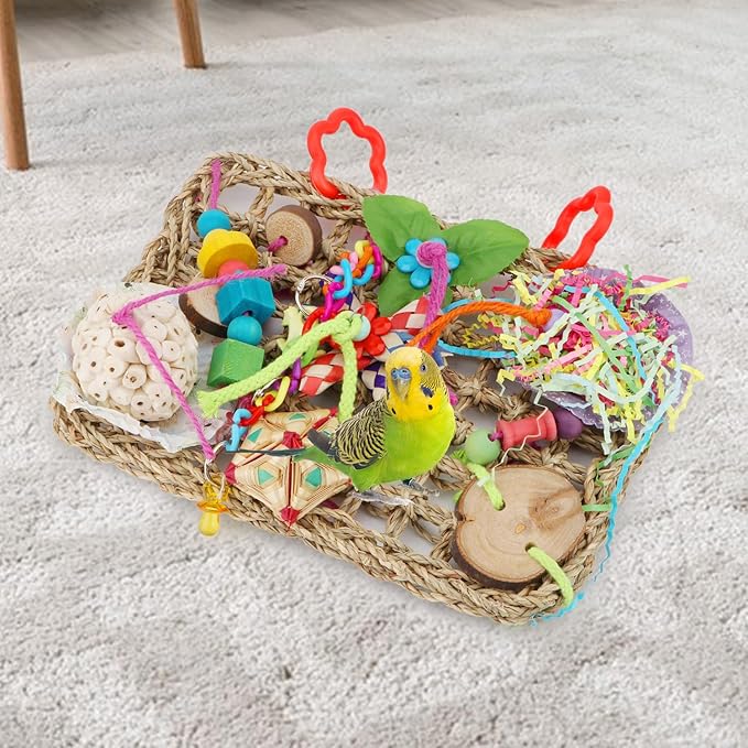 Hypeety Bird Toys Parrot Foraging Toys Bird Chew Toys Parakeet Shredding Seagrass Climbing Mat with Various Toys for Conure, Cockatiel, Lovebird, Parakeet, Budgie (M(Solla Ball))