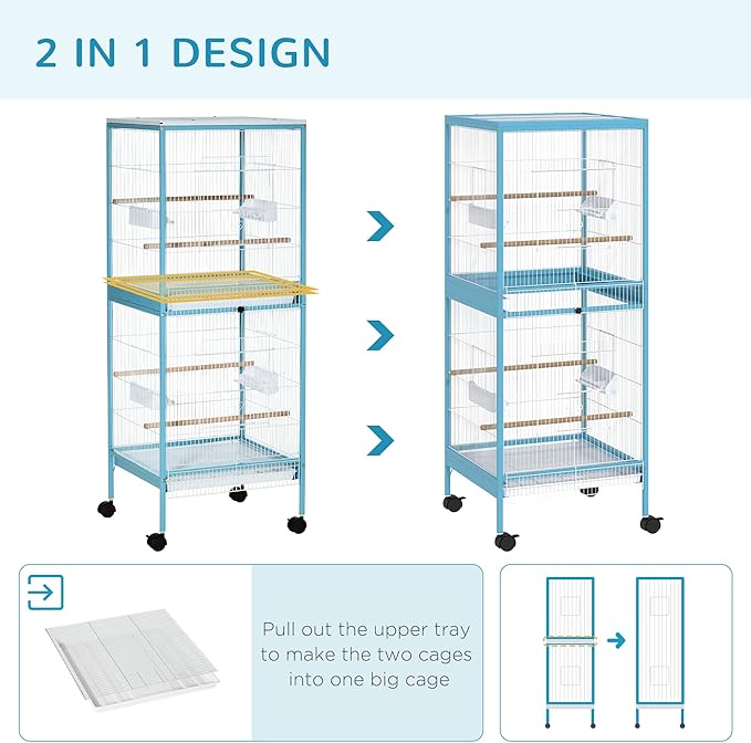 PawHut Large Bird Cage with 1.7 ft. Width for Wingspan, Bird Aviary Indoor with Multi-Door Design, Fit for a Canary, Finch, Conure, 55", Light Blue