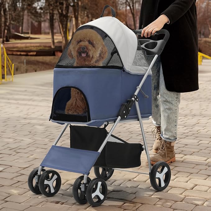 MoNiBloom 3-in-1 Foldable Pet Stroller Detachable Carrier, Car Seat and Stroller with Push Button Entry for Small Pets, Dog Stroller for Medium Dogs Load Up to 33 lbs, Navy Blue