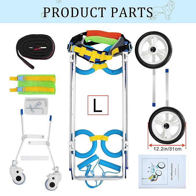 Adjustable 4-Wheel Large Dog Cart/Wheelchair, for Front Or Back Legs Large Dog Wheelchair，Light Weight, Easy Assemble(7-Size) (L)