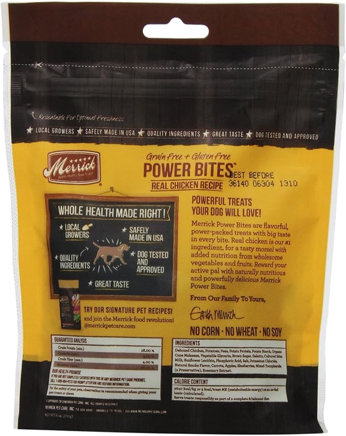 Merrick CHICKEN POWER BITES ★ MADE in USA ★ 2 PACK ★ 12 Ounces Total ★ DOG TREATS TRAINING