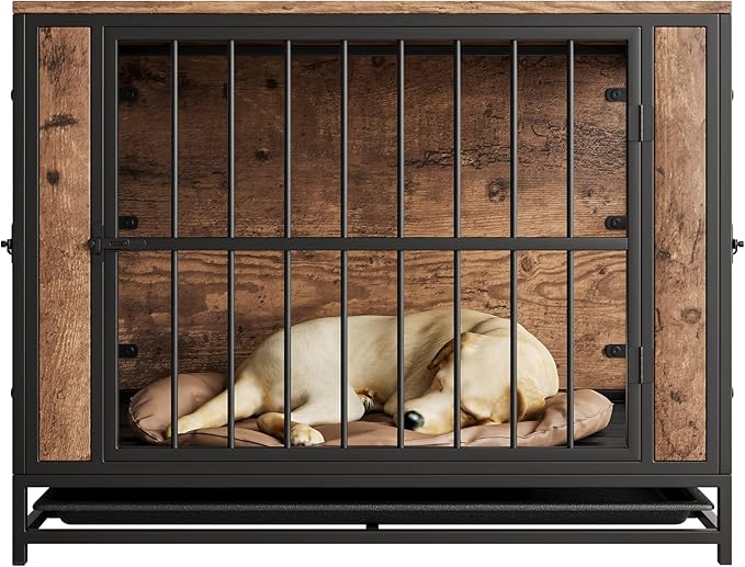 Dog Crate Furniture, Metal and Wooden Dog Crate, Dog Kennels with 3 Doors Indoor, Pet Puppy Crate End Table for Small/Medium/Large Dog, Heavy Duty Dog House, Rustic Black and Brown