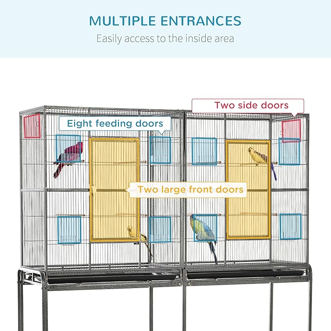 NicBex 64.25" Double Rolling Metal Bird Cage, Large Parakeet Cages with Stand,Pet Flight Birdcage for Parrot Lovebirds Finches Parakeets Budgie Parrotlet Conures,with Rolling Stand, Storage Shelf,Gray