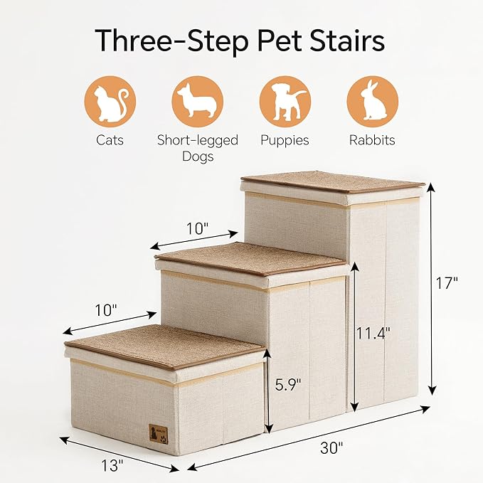 BEDELITE Dog Stairs for Small Medium or Large Dogs, 3 Tiers Dog Steps for High Bed and Couch 17" H, Foldable Pet Stairs Up to 200Lbs with Detachable Mats & Storage, Beige