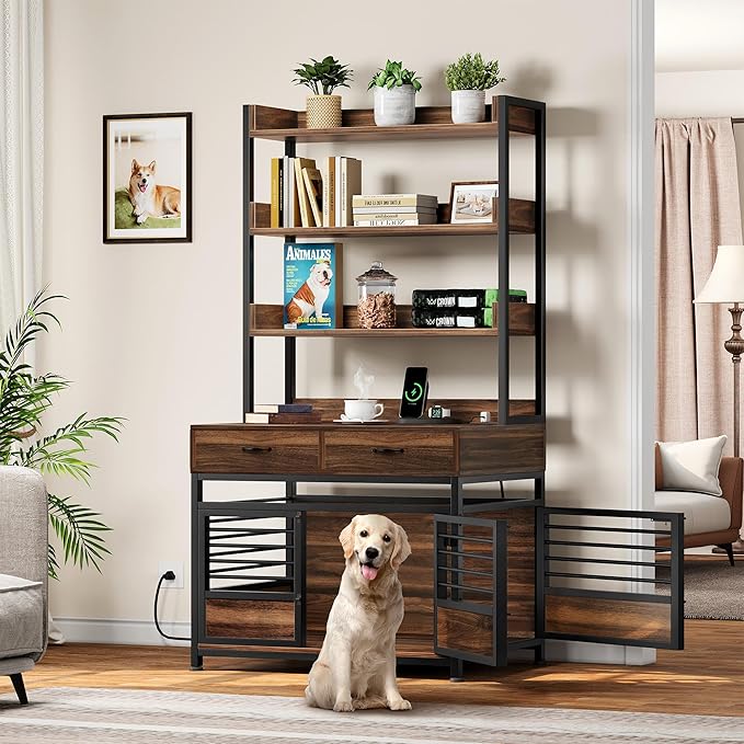 DWVO Dog Crate Furniture with Storage Shelves, Heavy Duty Dog Crate with Drawers & Charging Station, 39 Inch Dog Kennel Indoor Furniture for Large Dogs, Modern Dog Crate with Double Doors, Brown